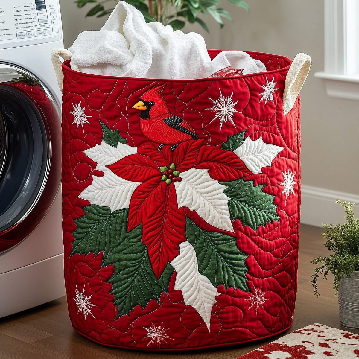 Poinsettia Cardinal Quilted Laundry Hamper printed laundry hamper