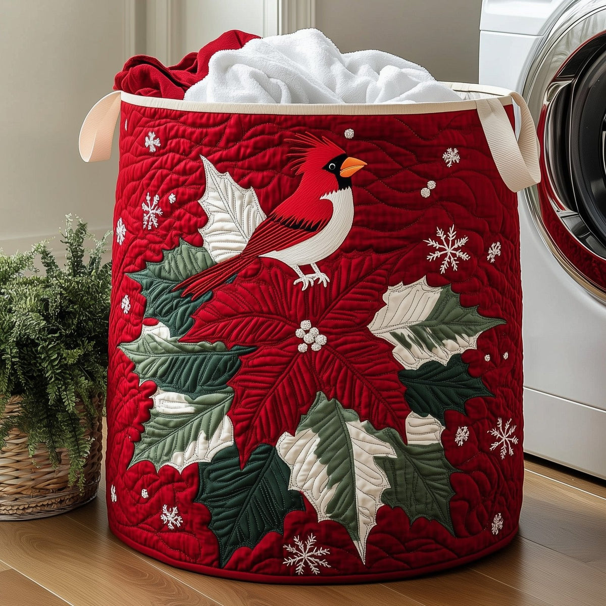 Poinsettia Cardinal Quilted Laundry Hamper printed laundry hamper