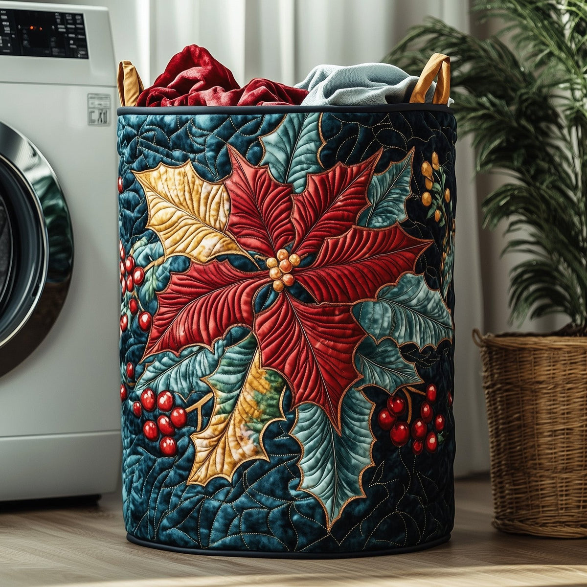 Poinsettia Charm Quilted Laundry Hamper printed laundry hamper