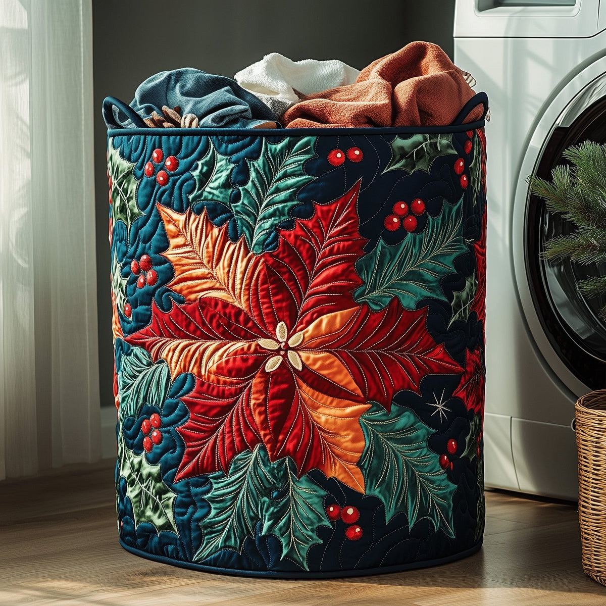 Poinsettia Charm Quilted Laundry Hamper printed laundry hamper