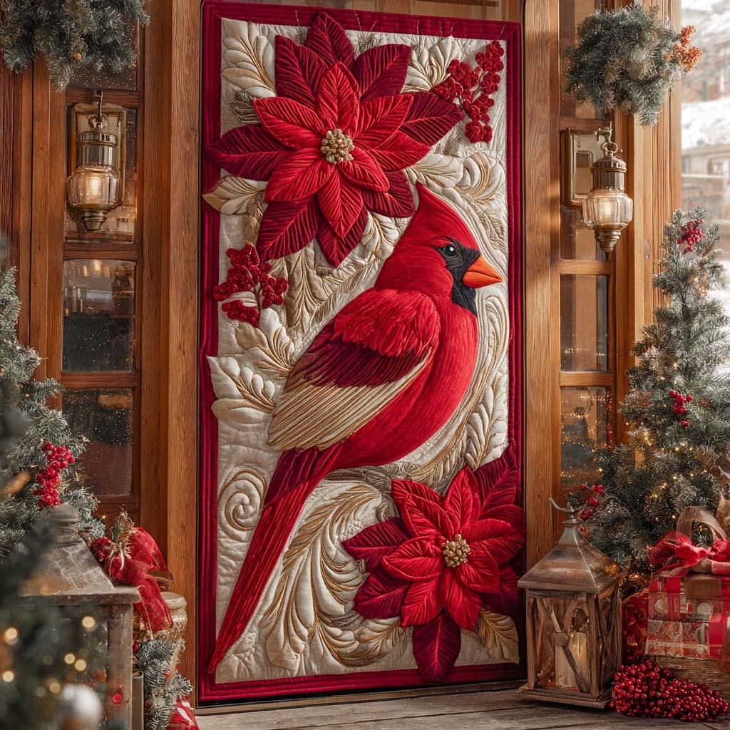 Poinsettia Songbird Quilted Door Curtain printed door curtain