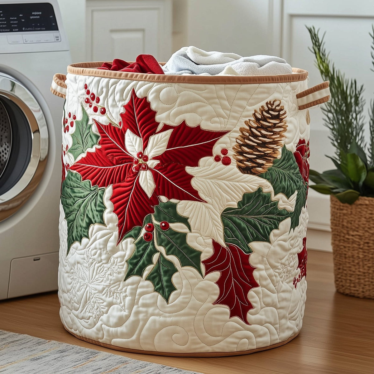 Poinsettia Spirit Quilted Laundry Hamper printed laundry hamper
