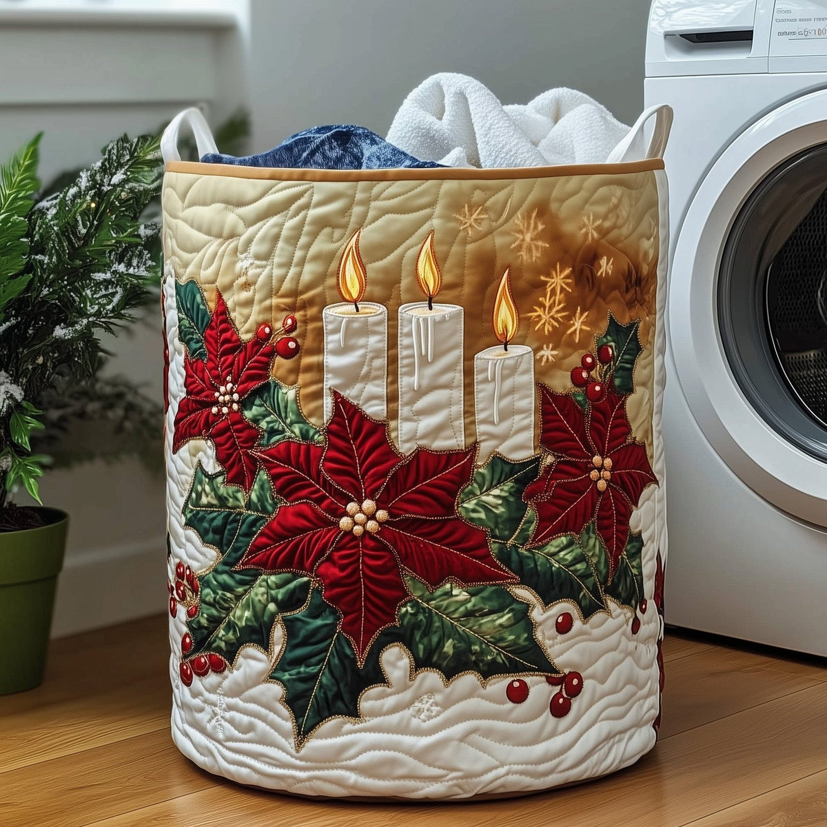 Poinsettia Warmth Quilted Laundry Hamper printed laundry hamper