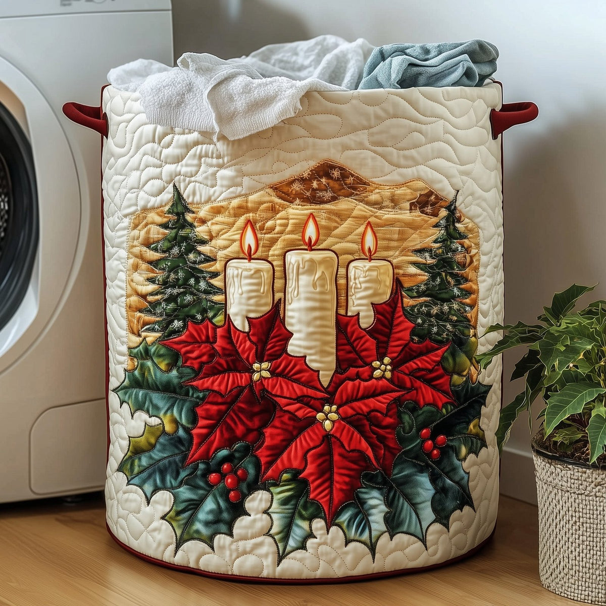 Poinsettia Warmth Quilted Laundry Hamper printed laundry hamper
