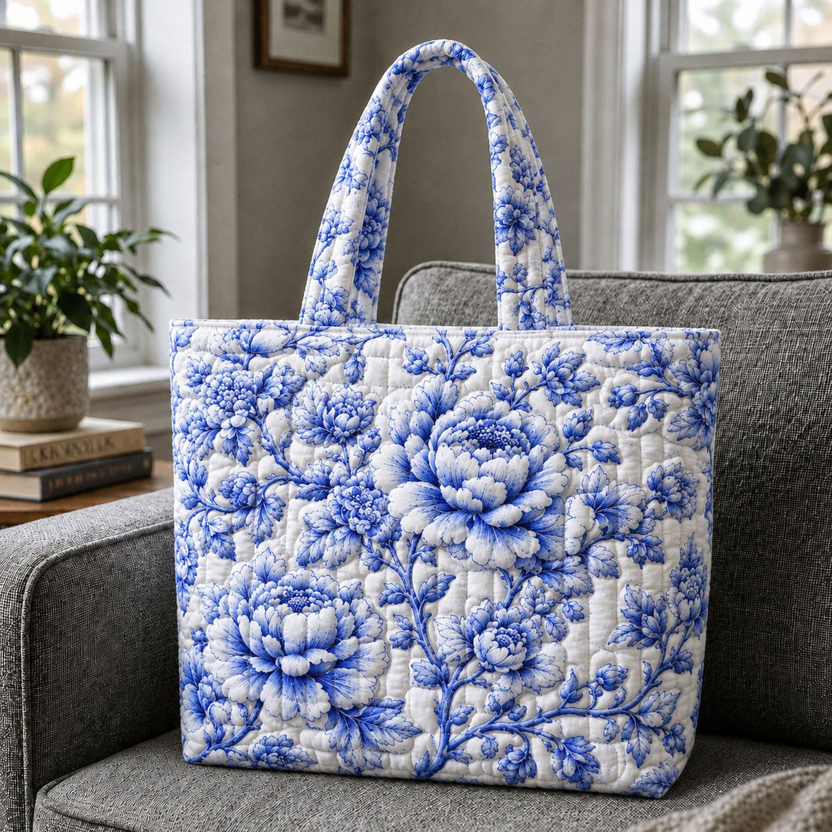 Porcelain Peony Toile De Jouy Quilted Tote Bag printed tote bag