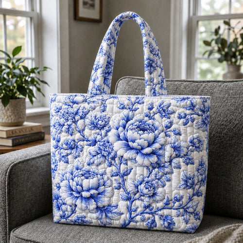 Porcelain Peony Toile De Jouy Quilted Tote Bag