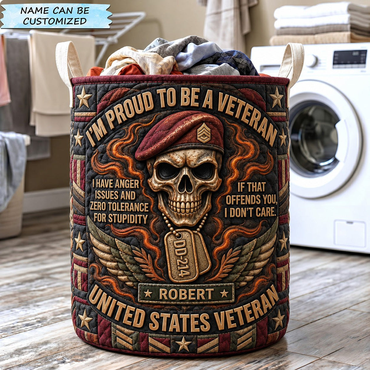 Proud American Veteran Quilted Laundry Hamper QTCUZ printed laundry hamper