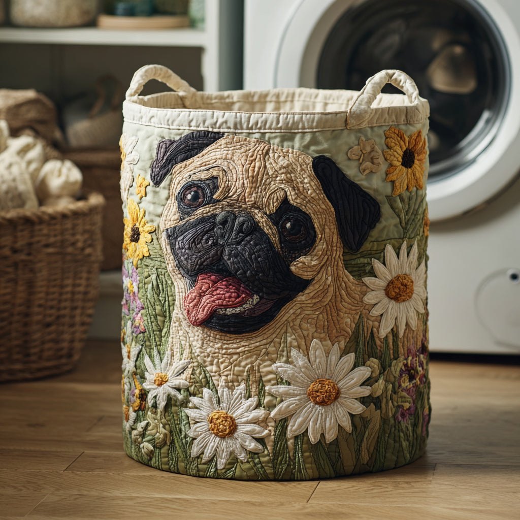 Pug in Daisies Quilted Laundry Hamper printed laundry hamper