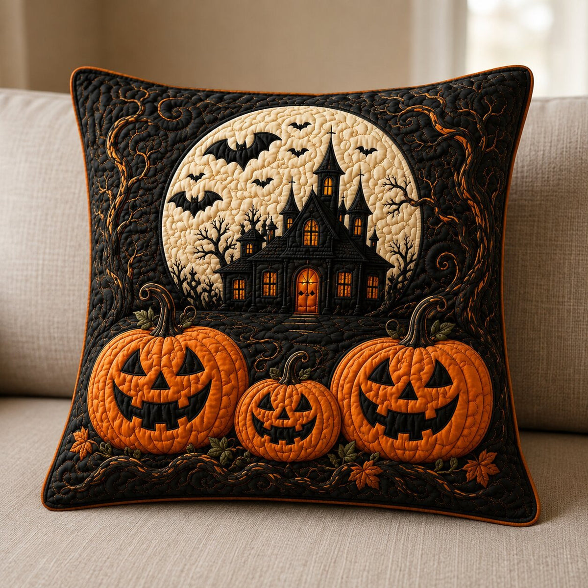 Pumpkin Charm Halloween Quilted Cushion Cover printed cushion cover