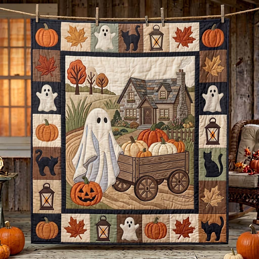Pumpkin Farm Ghost Quilted Blanket printed blanket