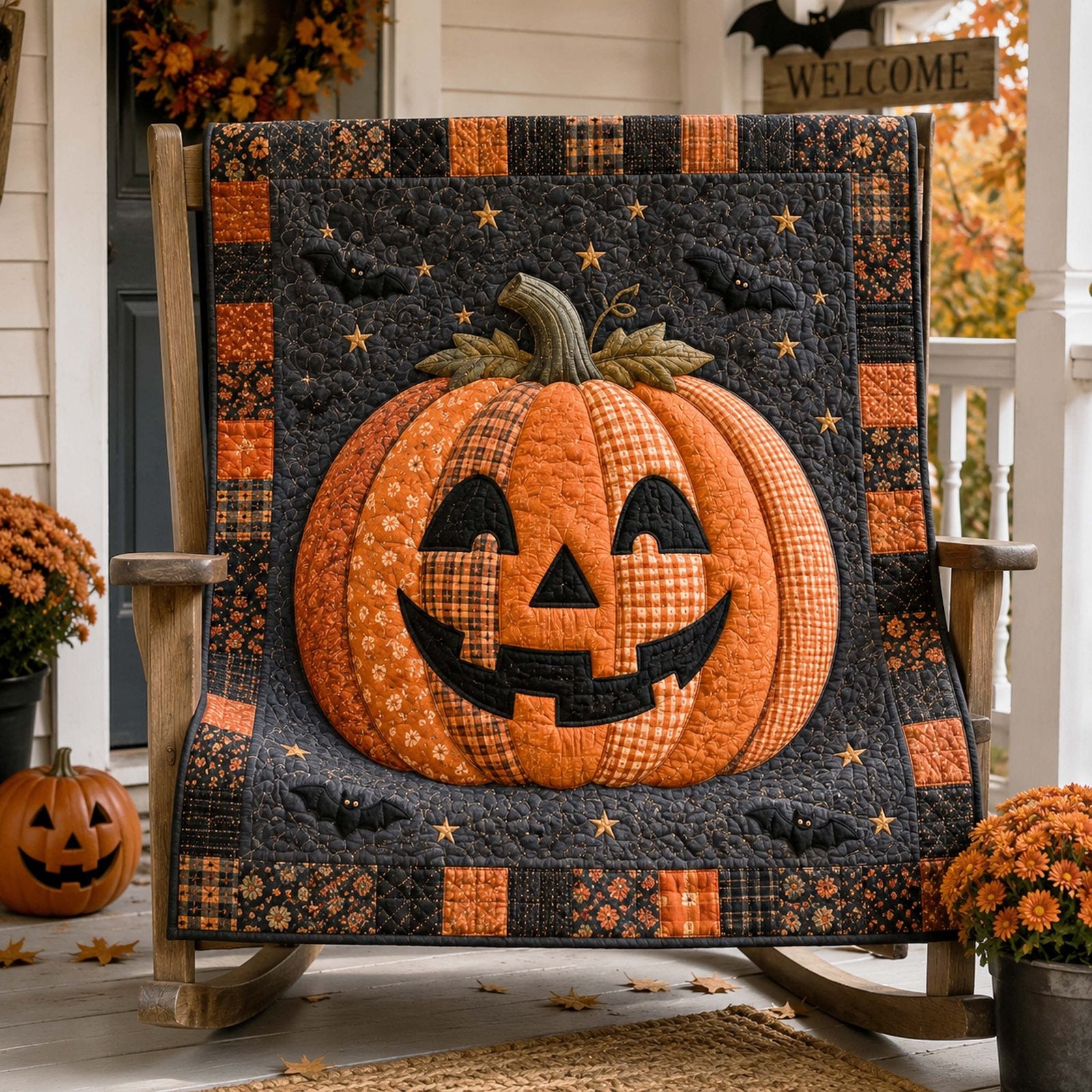 Pumpkin Fields Quilted Blanket printed quilt blanket