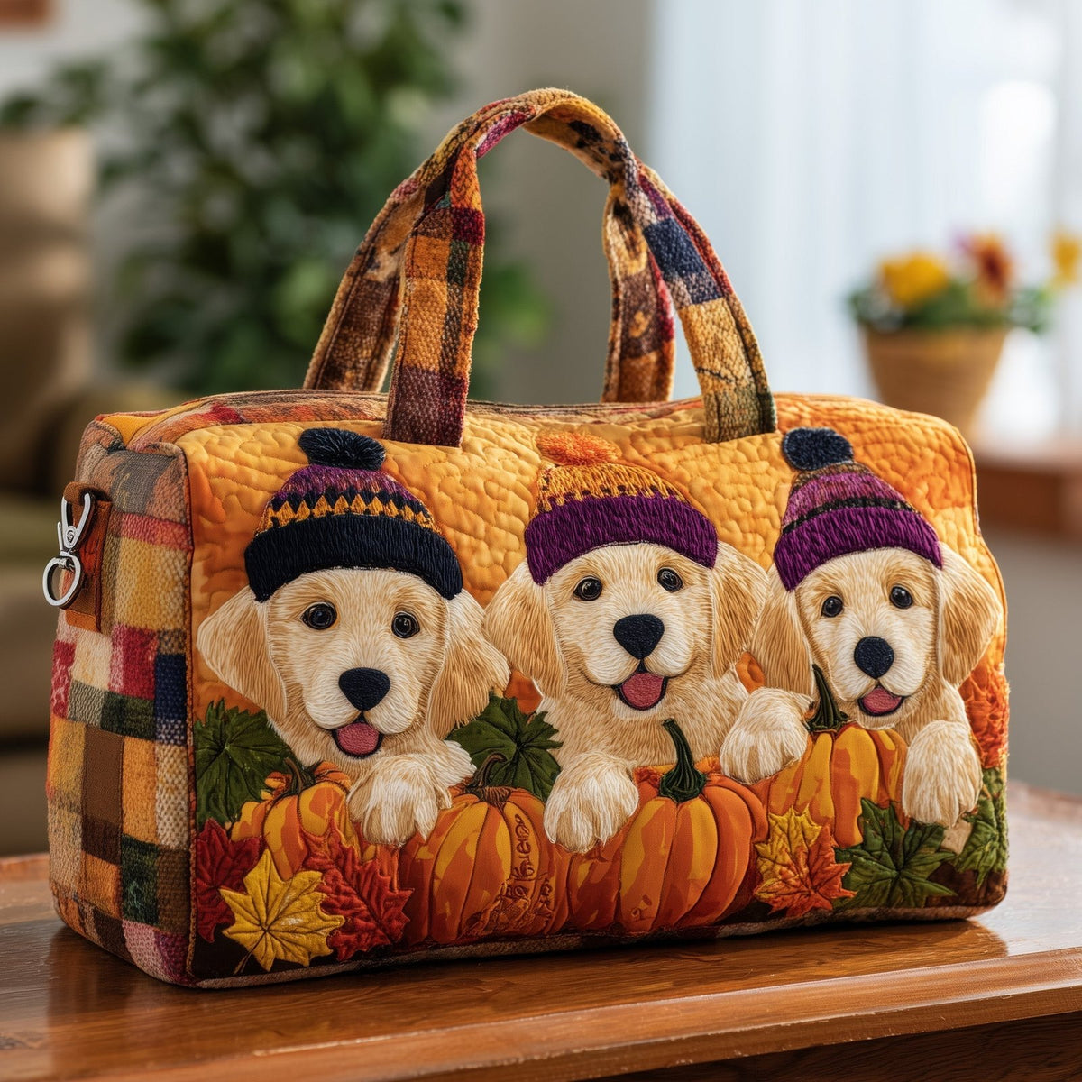 Pumpkin Golden Retriever Quilted Duffle Bag printed duffle bag