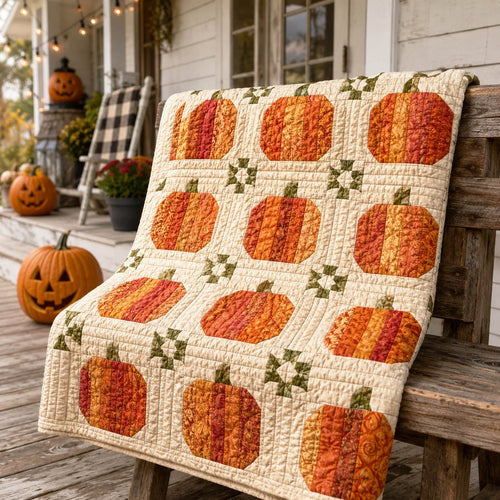 Cream Four Block Pumpkin Patch Quilted Cushion Cover