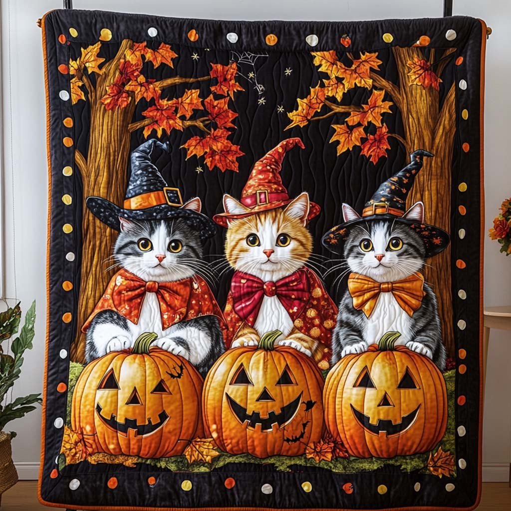 Pumpkin Witch Cats Quilted Blanket printed blanket