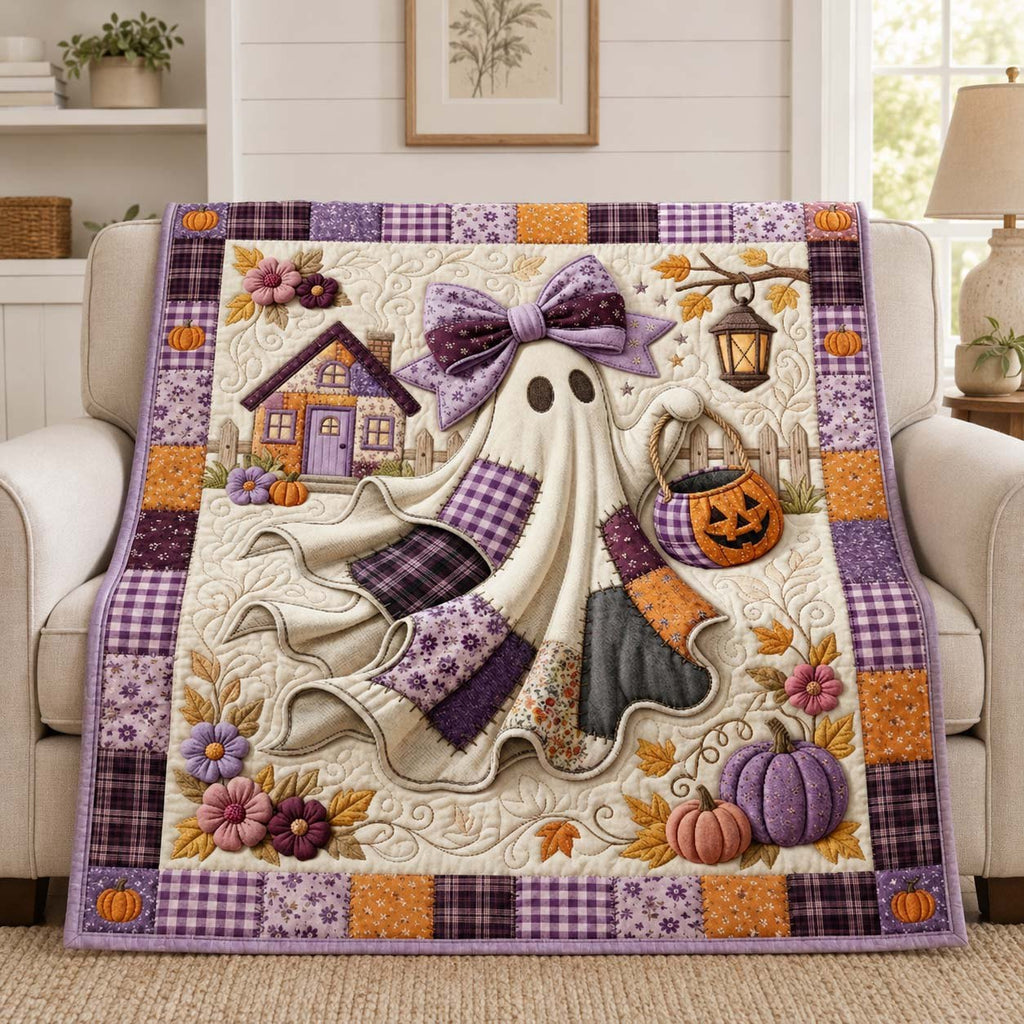 Purple Pumpkin Ghost Quilted Blanket printed blanket