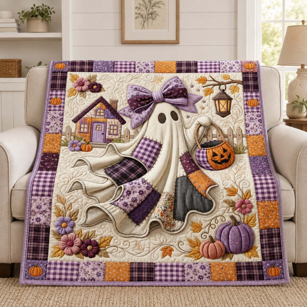 Purple Pumpkin Ghost Quilted Blanket printed blanket