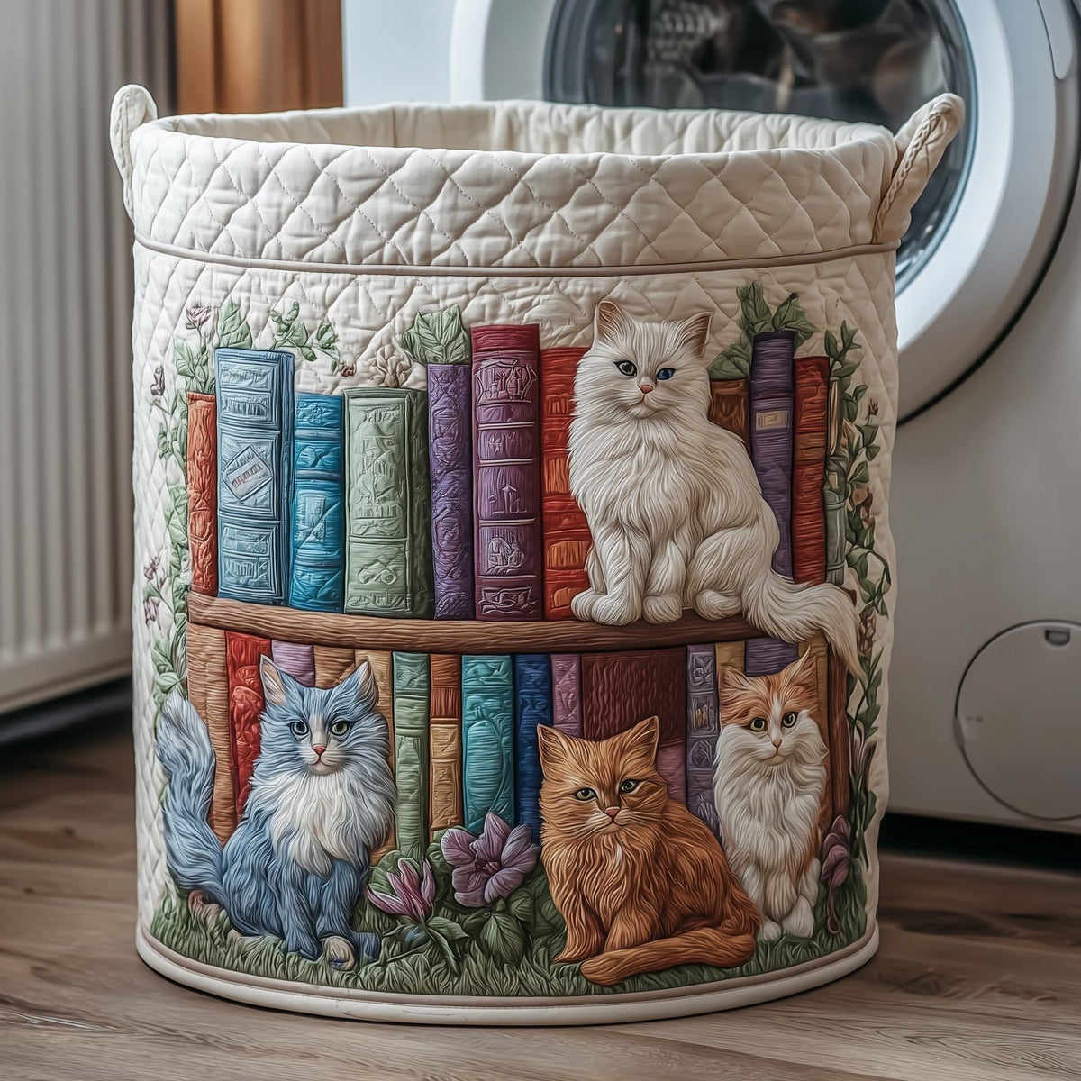 Purrfect Pages Quilted Laundry Hamper printed laundry hamper