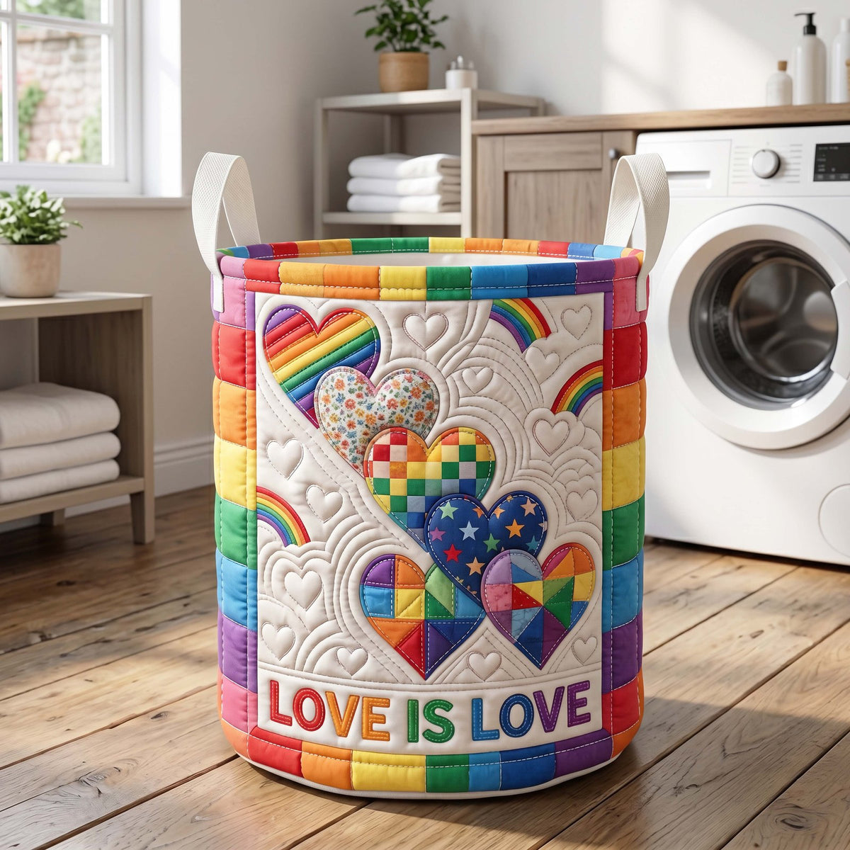 Rainbow Hearts Quilted Laundry Hamper printed laundry hamper