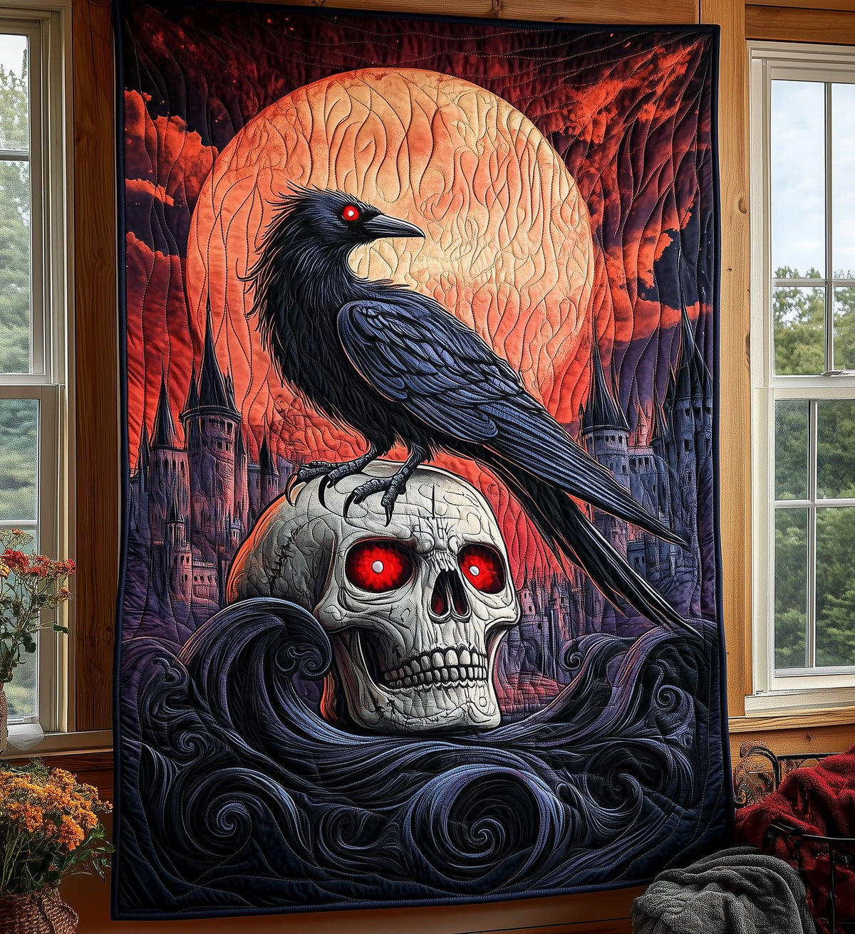 Raven Skull Quilted Blanket printed blanket