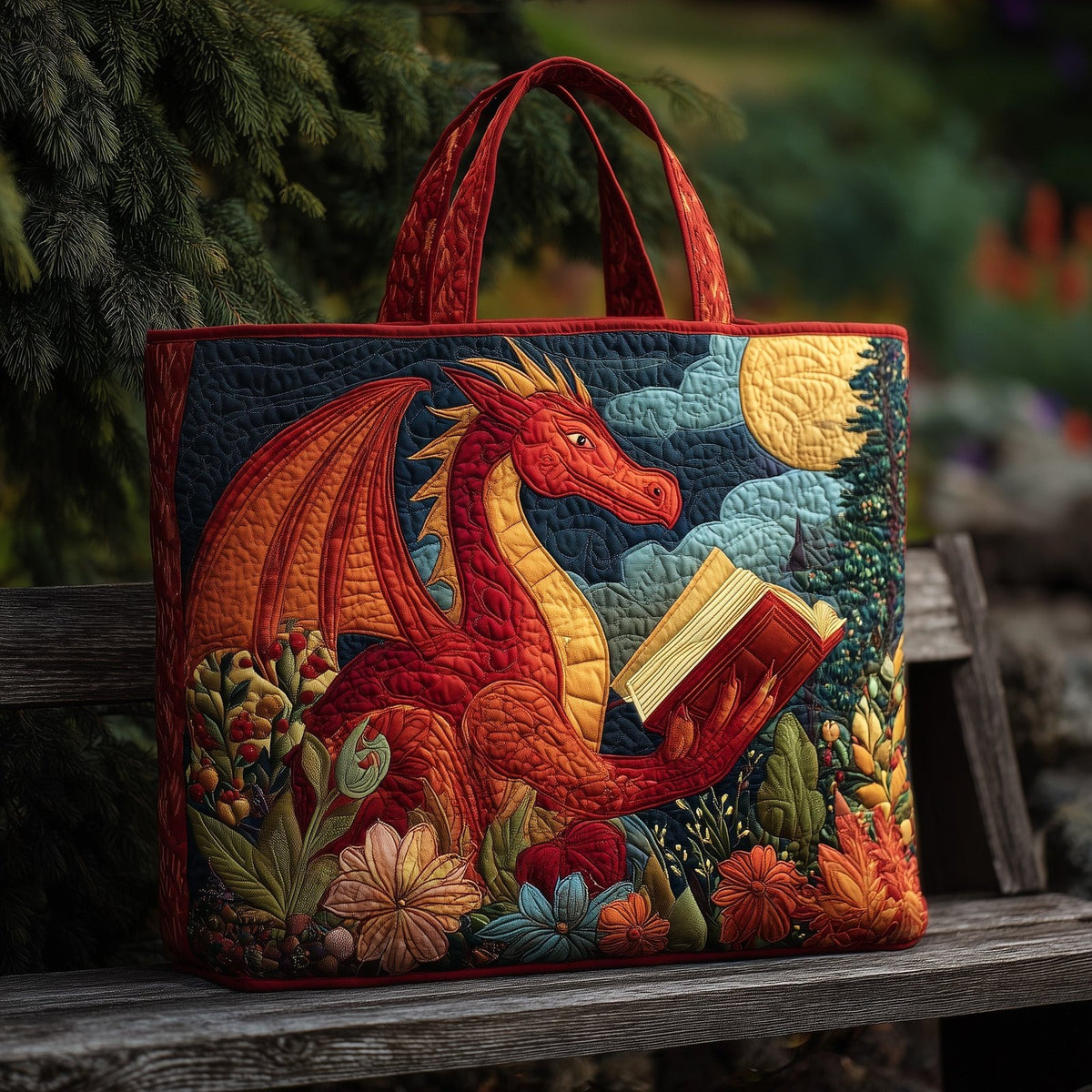 Reading Dragon Quilted Tote Bag printed tote bag
