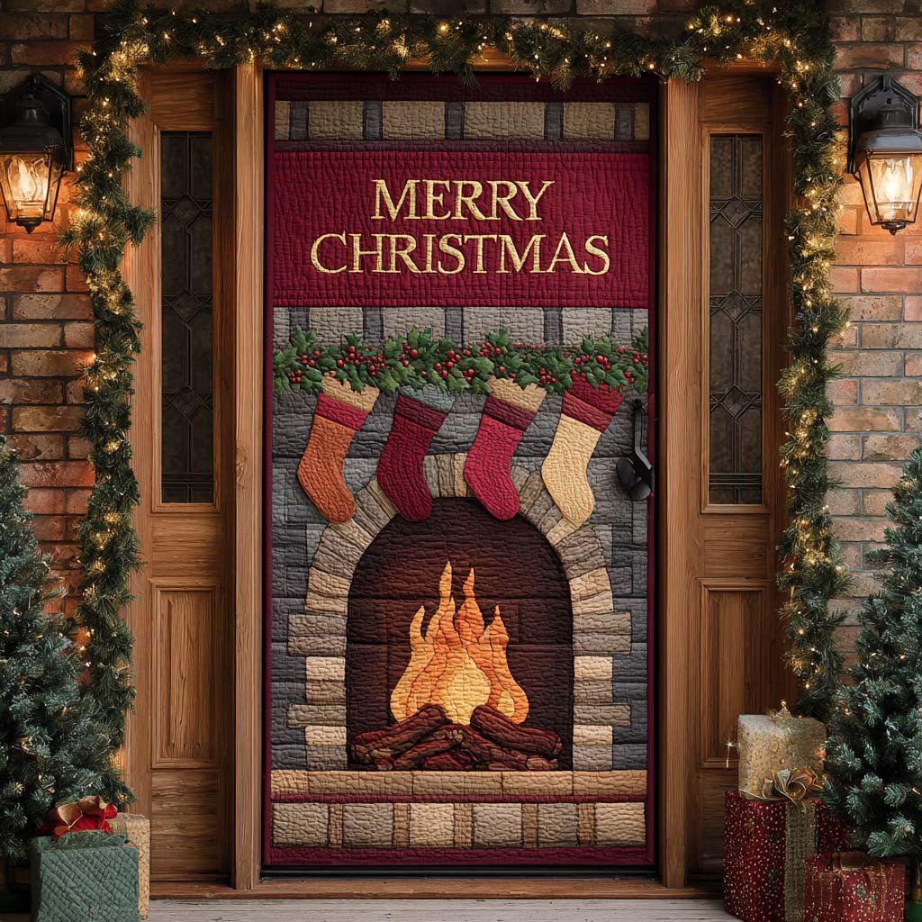 Red Cozy Fireplace Quilted Door Curtain printed door curtain
