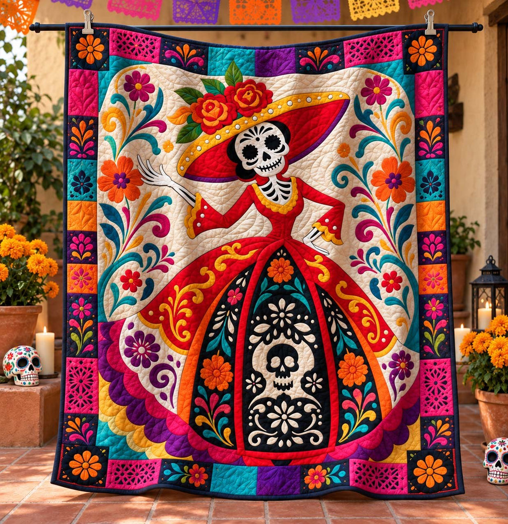 Red Gown Viva Calavera Quilted Blanket printed blanket