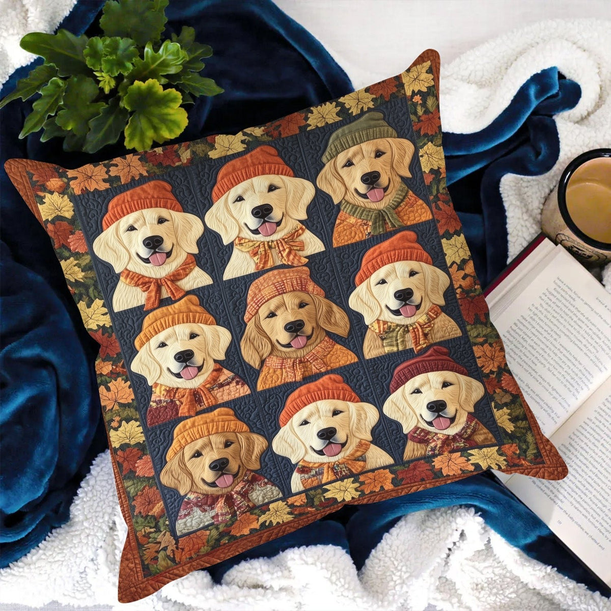 Retriever Autumn Vibes Quilted Cushion Cover printed cushion cover