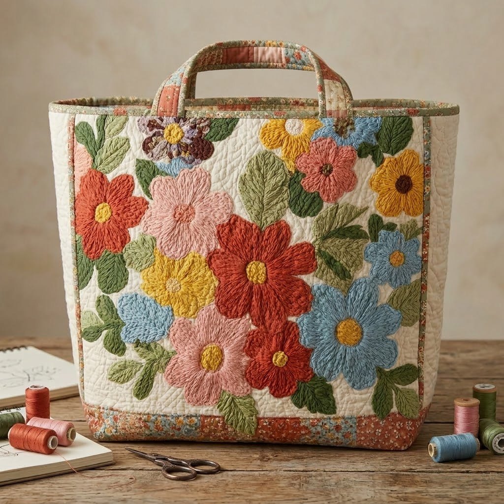 Retro Daisy Quilted Tote Bag printed quilted tote bag