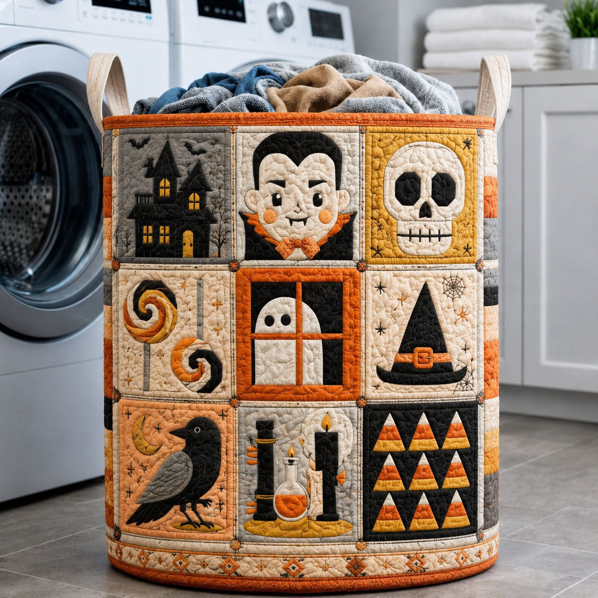 Retro Halloween Quilt Block Quilted Laundry Hamper printed laundry hamper