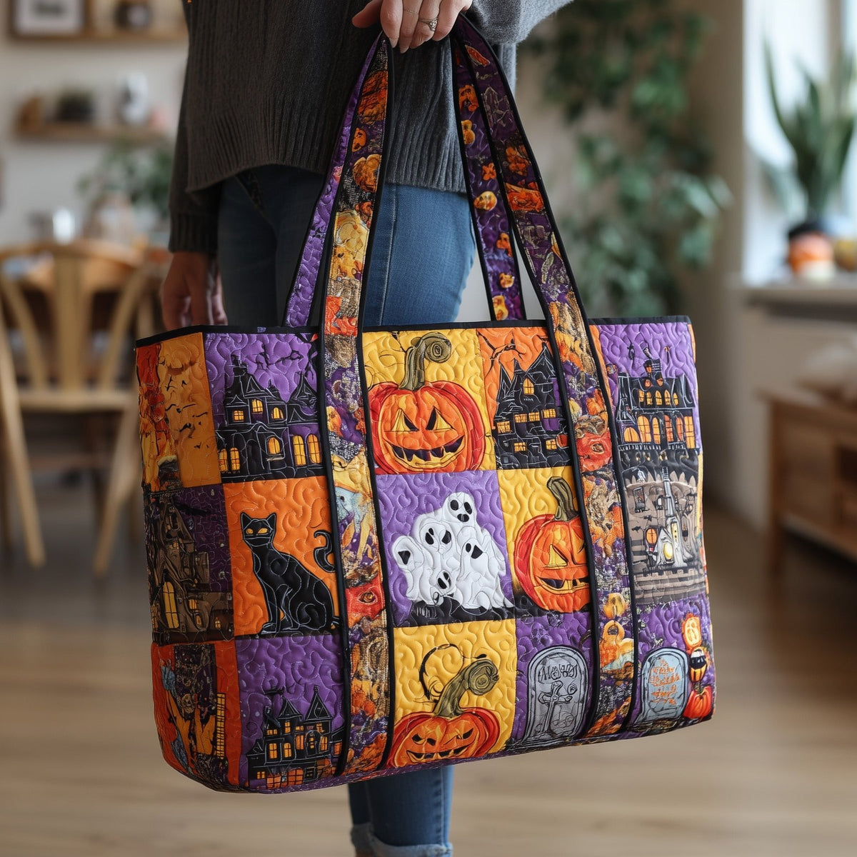Retro Halloween Quilted Tote Bag printed tote bag