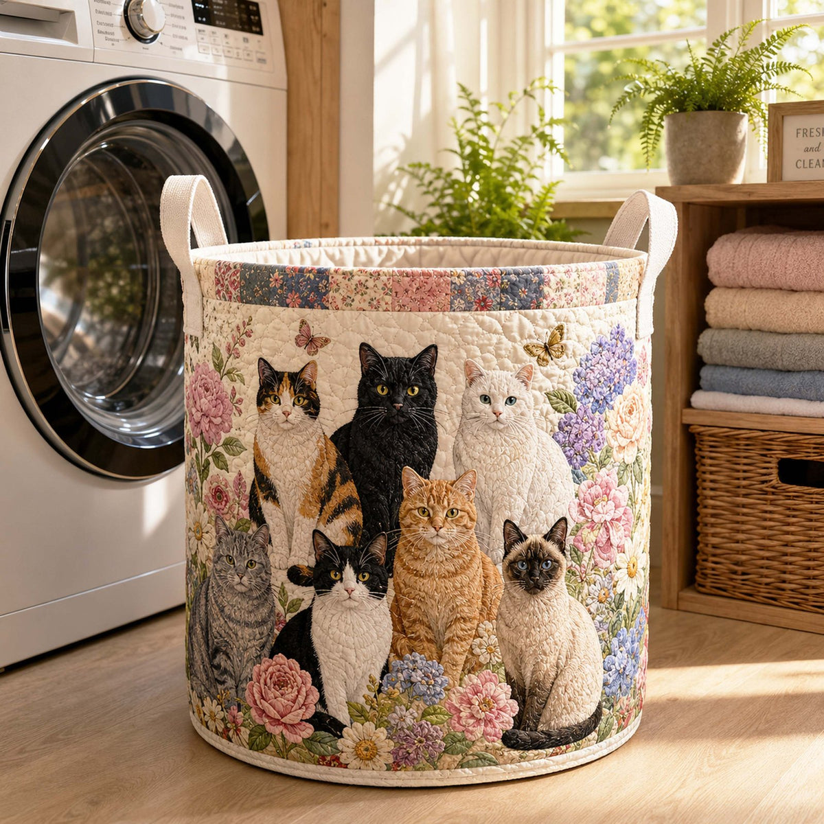 Rose Garden Cat Quartet printed laundry hamper