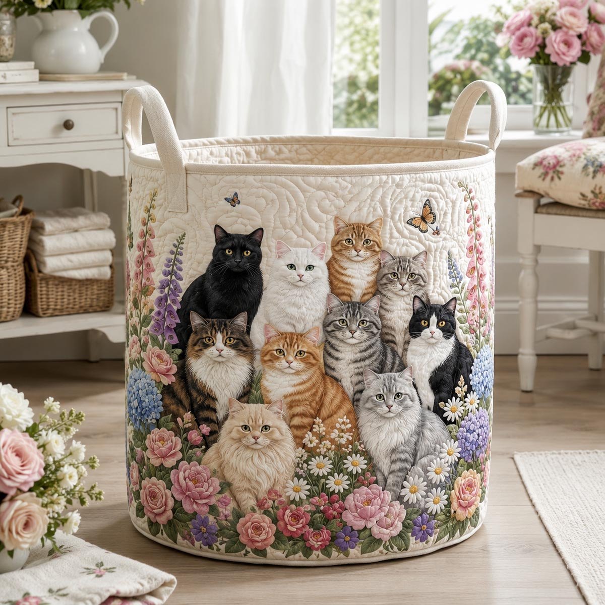 Rose Garden Cats Quilted Laundry Hamper printed laundry hamper
