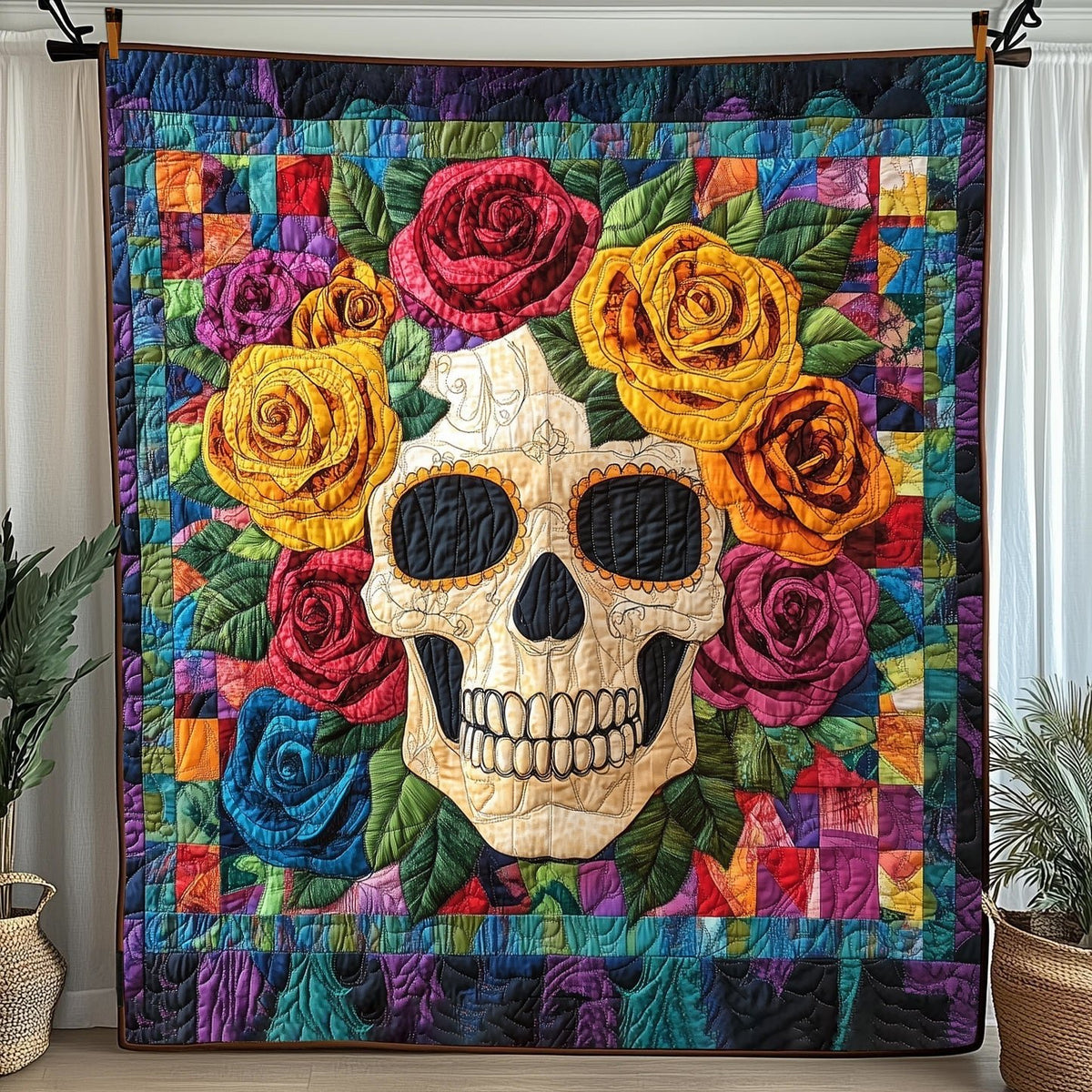 Rose Skull Quilted Blanket printed blanket