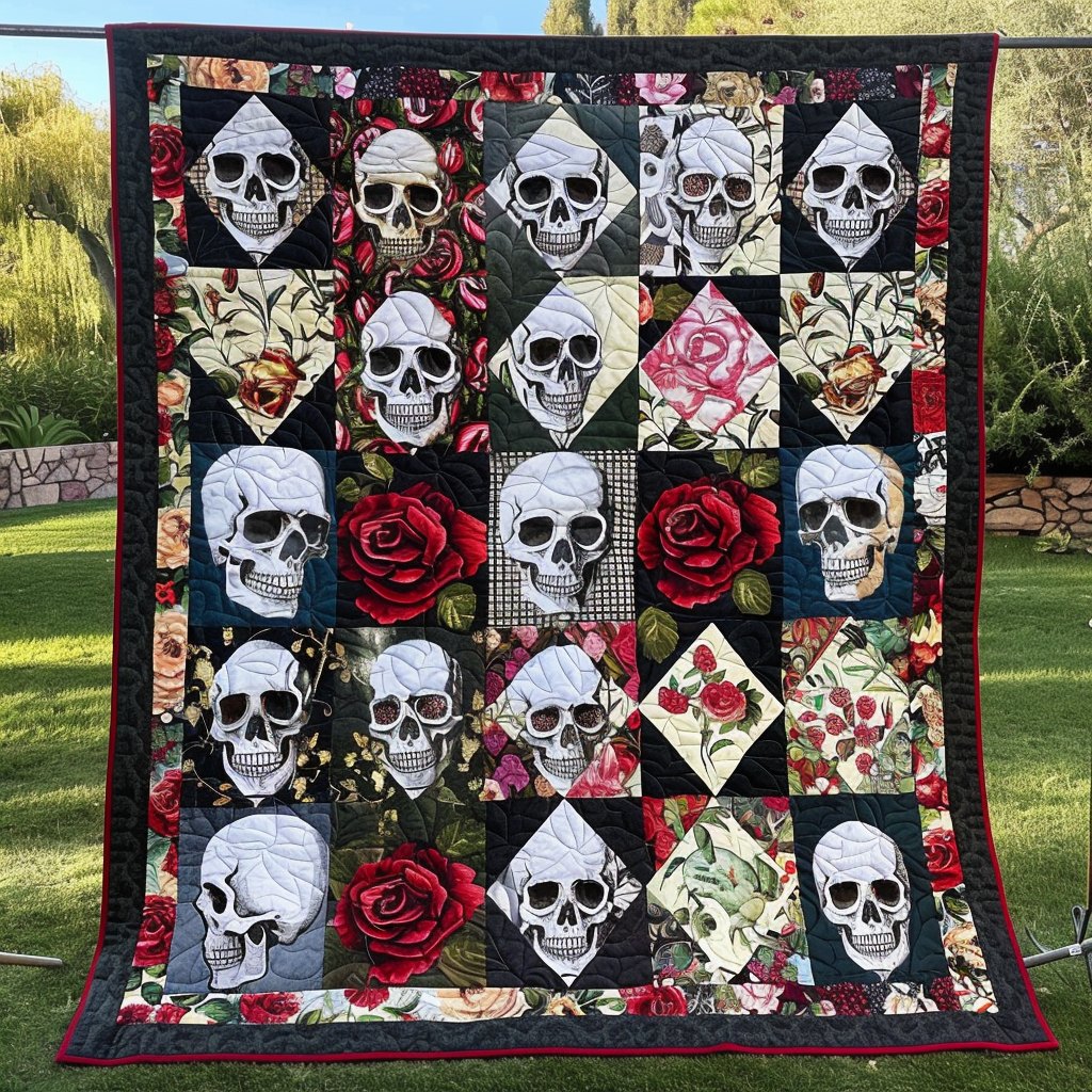 Roses Skulls Quilted Blanket printed blanket