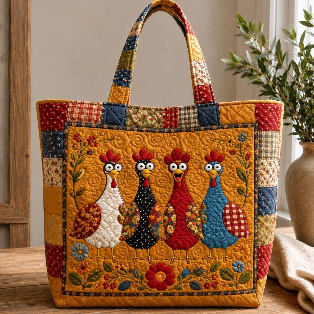 Rustic Chicken Meadow Quilted Tote Bag printed tote bag