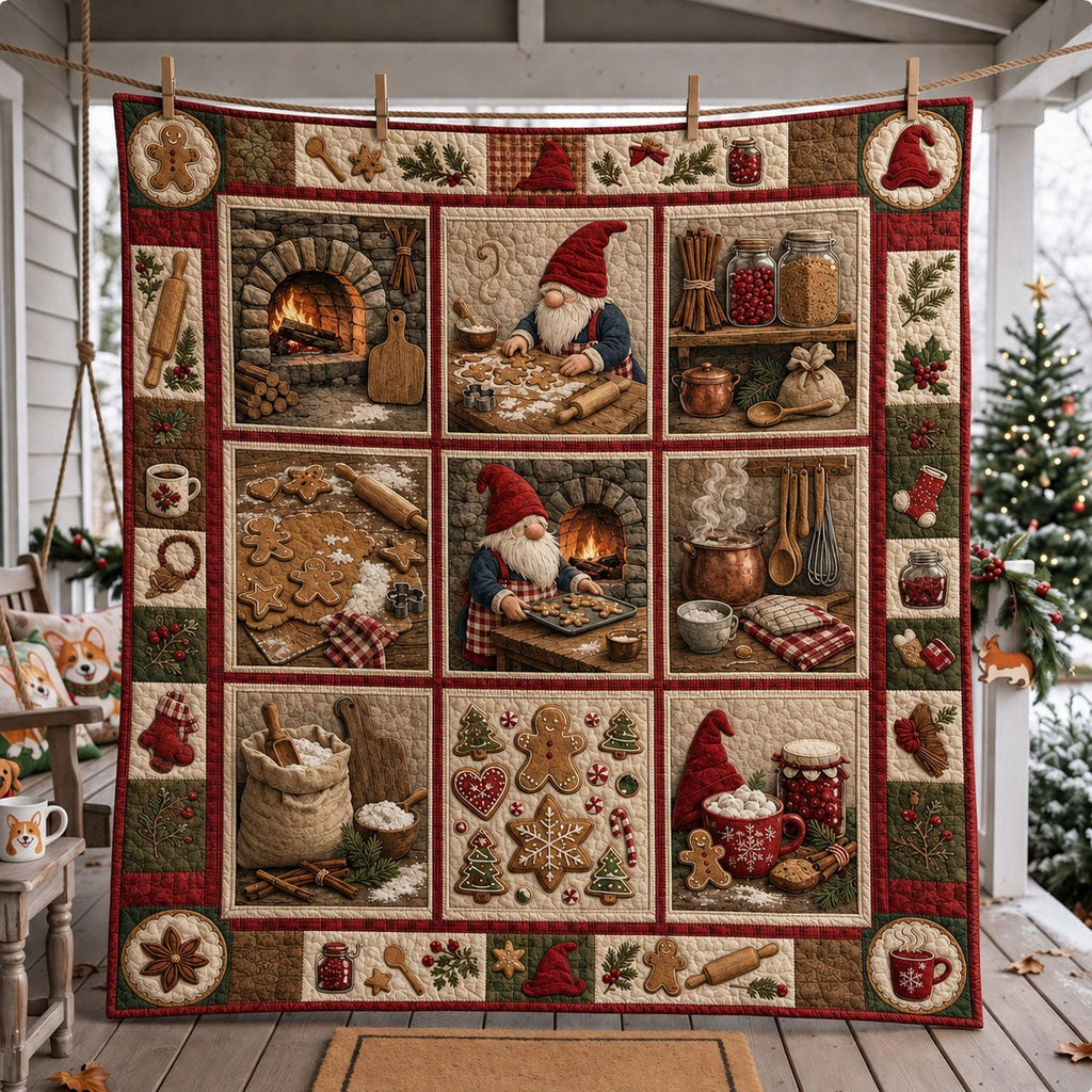 Rustic Gnome Gingerbread Recipe Quilted Blanket printed quilt blanket