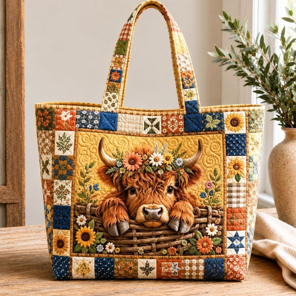 Rustic Highland Cow Quilted Tote Bag printed tote bag