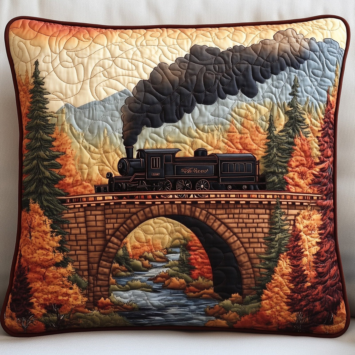 Rustic Train Quilted Cushion Cover printed cushion cover