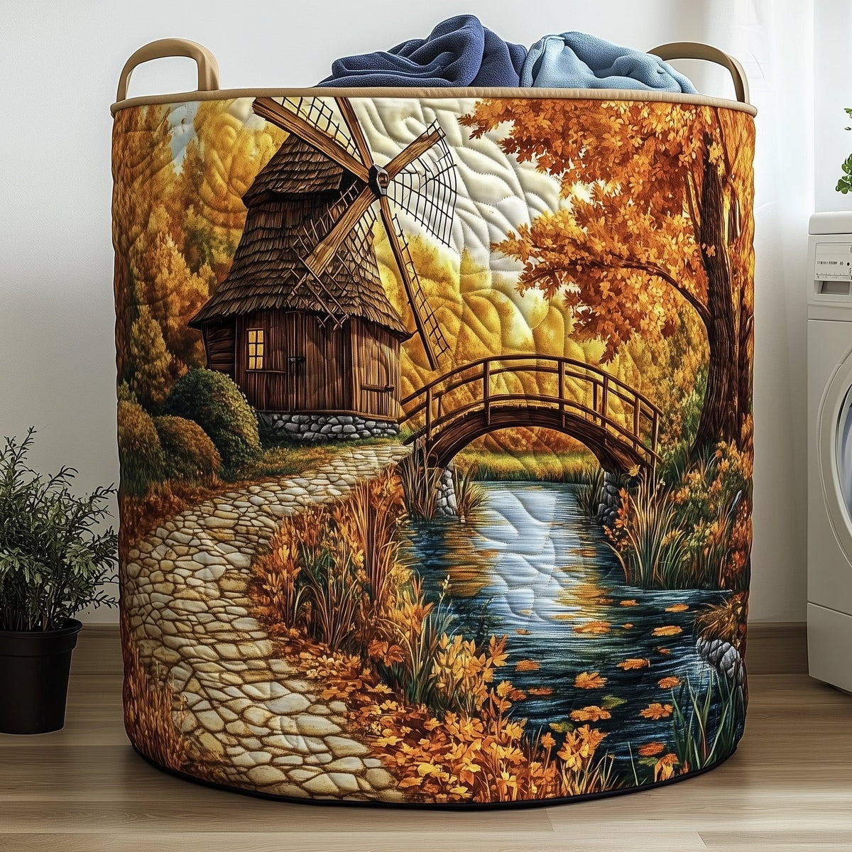 Rustic Windmill Quilted Laundry Hamper printed laundry hamper