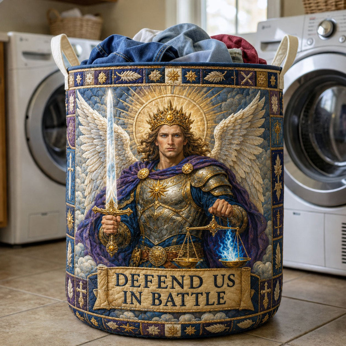 Saint Michael Defend Us In Battle Quilted Laundry Hamper printed laundry hamper
