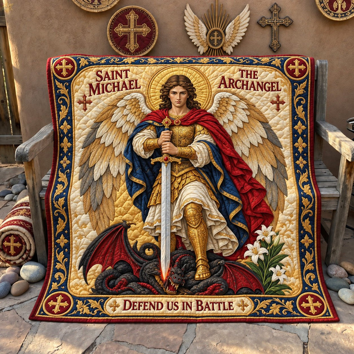 Saint Michael Defend Us Quilted Blanket printed blanket