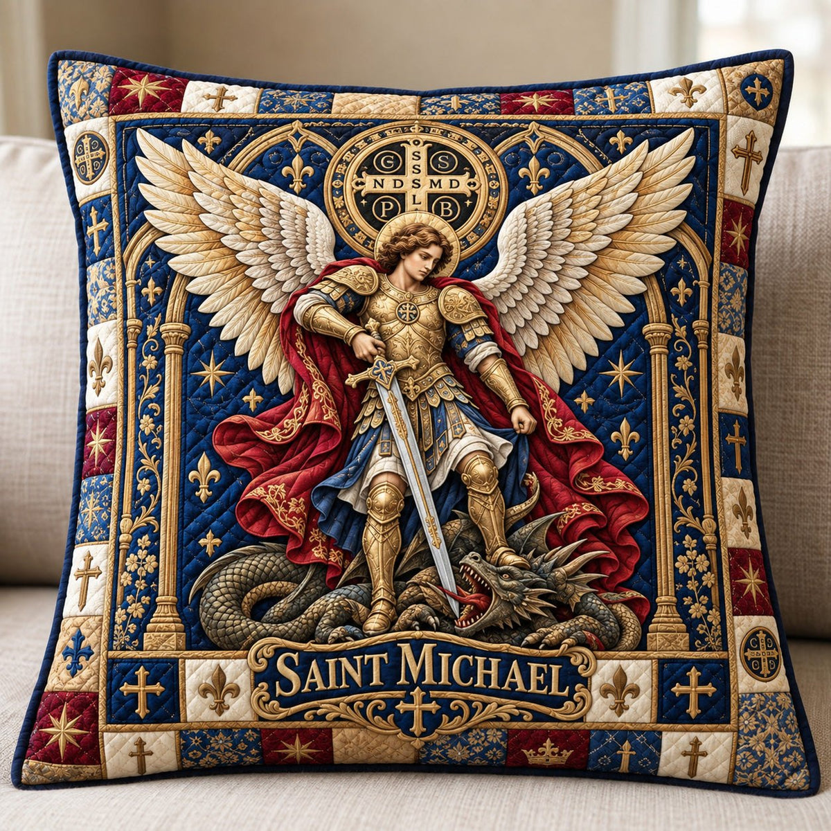Saint Michael Dragon Slayer Quilted Cushion Cover printed cushion cover