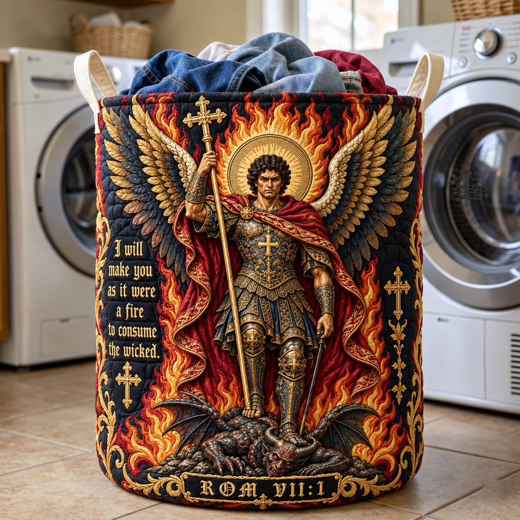 Saint Michael Fire Of Justice Quilted Laundry Hamper printed laundry hamper