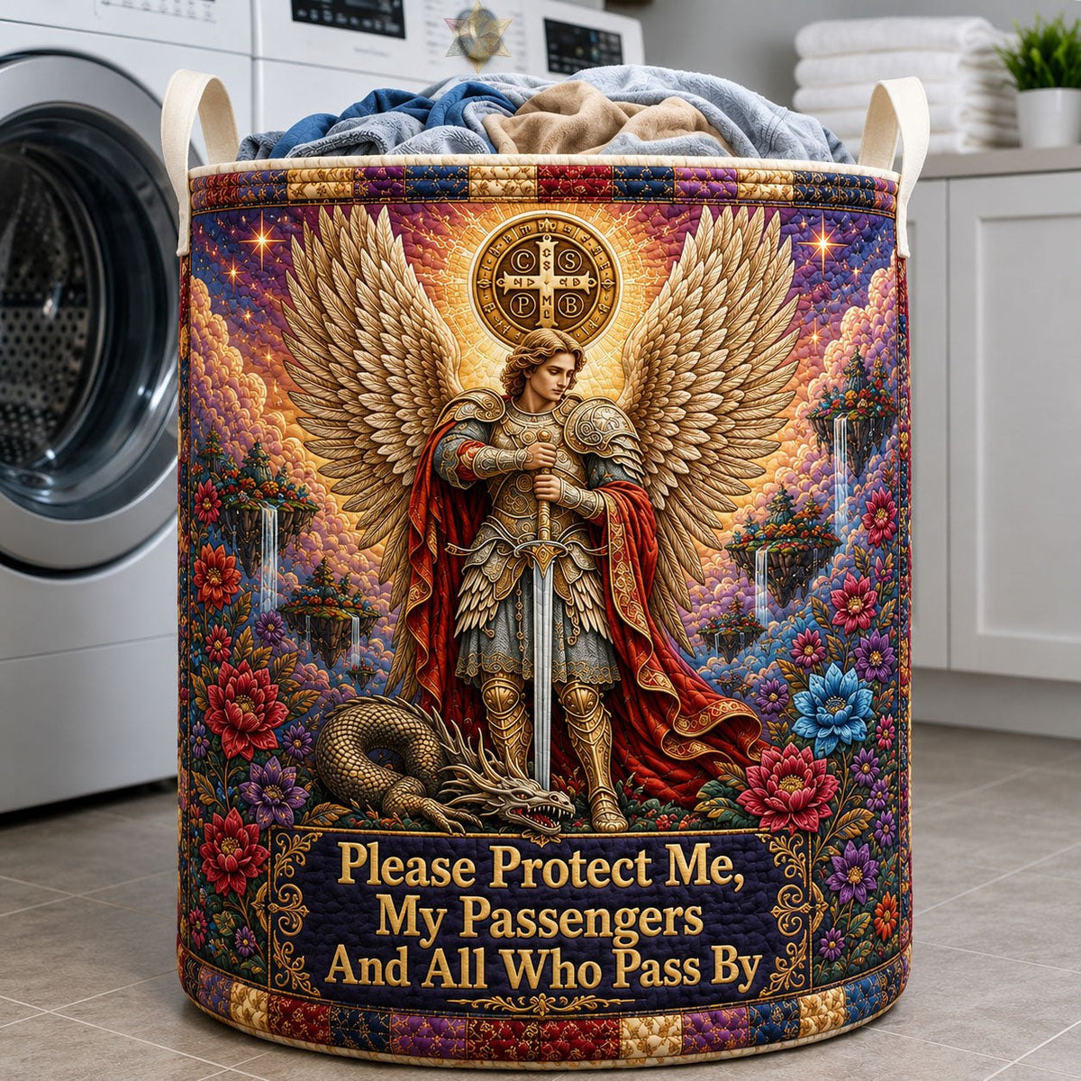 Saint Michael Guardian Of Travelers Quilted Laundry Hamper printed laundry hamper