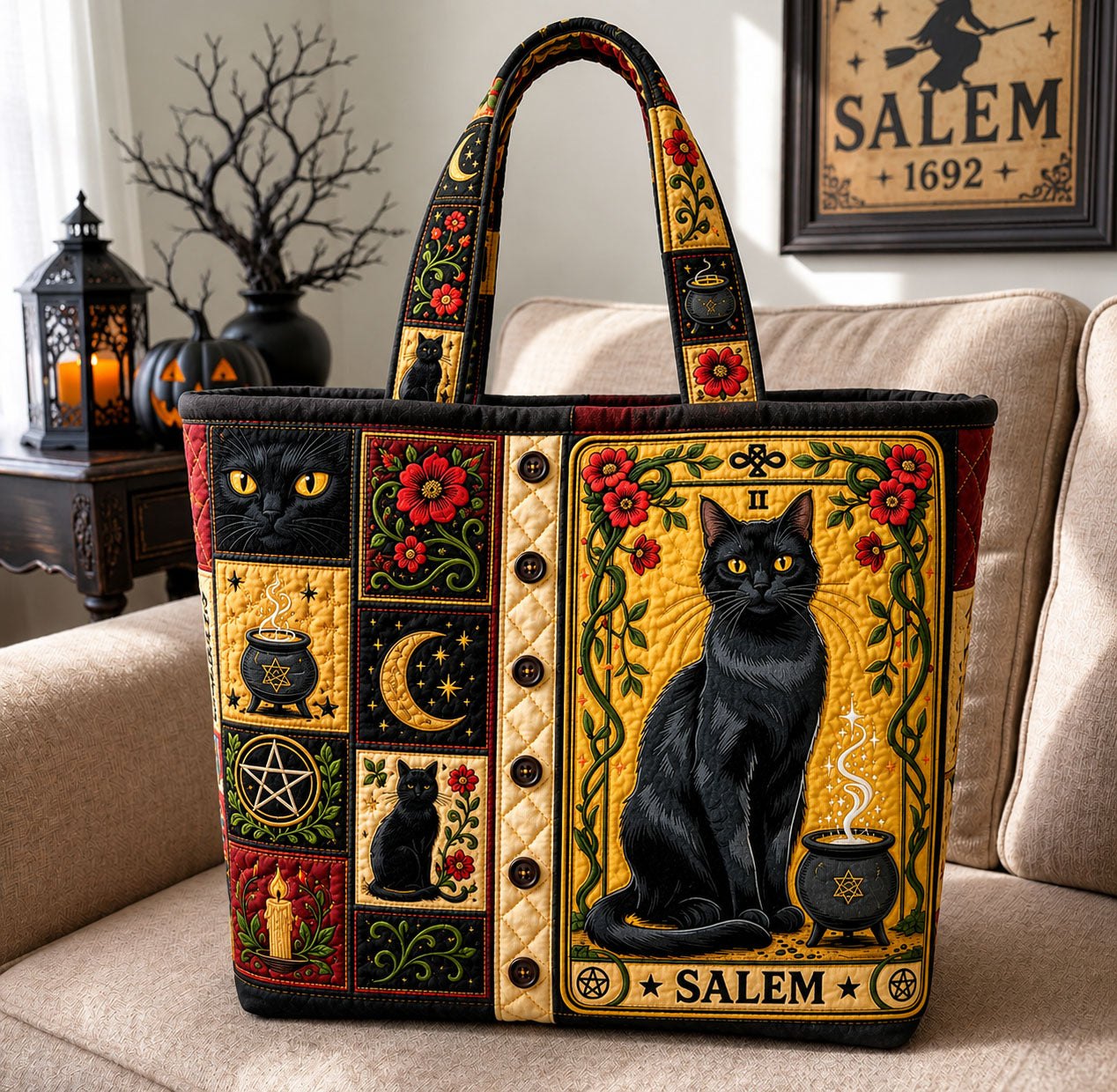 Salem Black Cat Quilted Tote Bag printed quilted tote bag