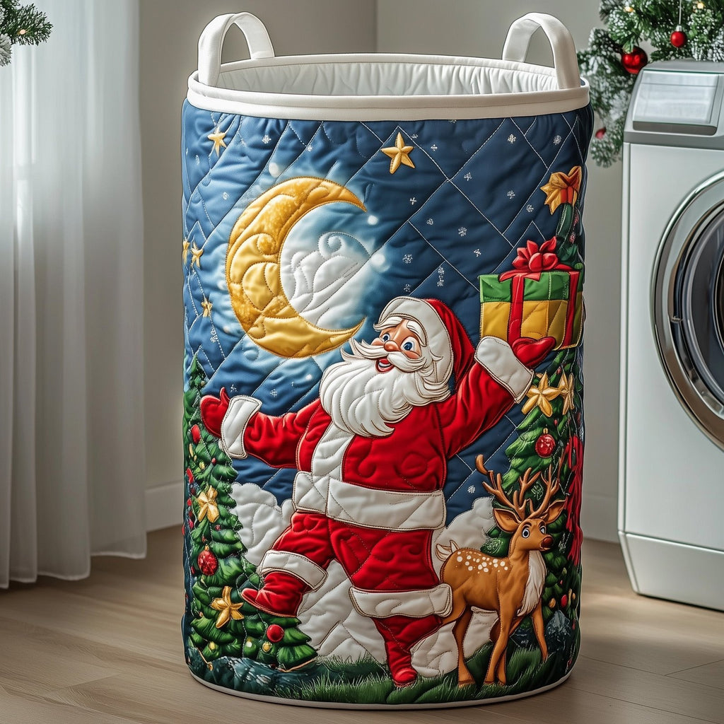 Santa Claus and Reindeer Quilted Laundry Hamper printed laundry hamper