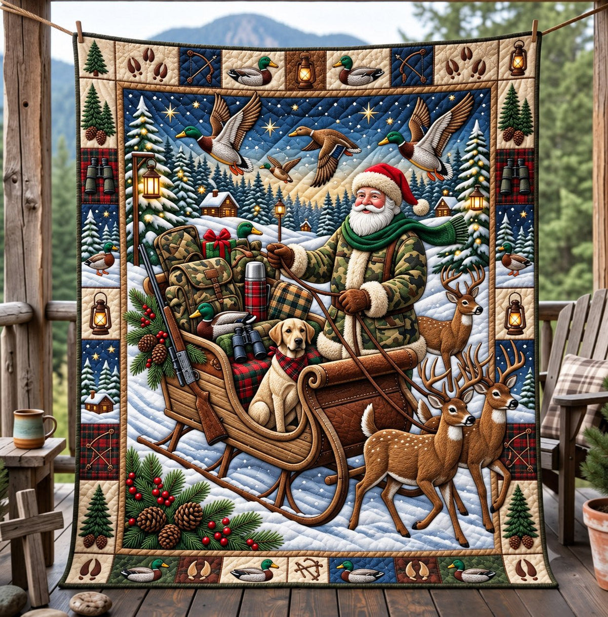 Santa Deer Hunt Quilted Blanket printed blanket