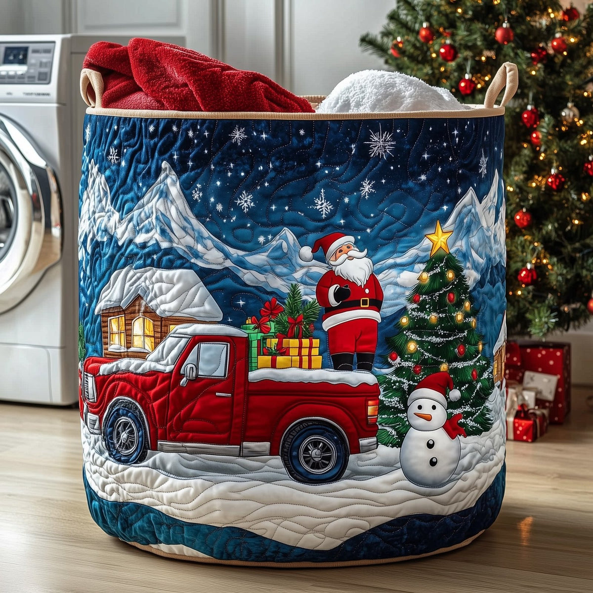 Santa Holiday Cheer Quilted Laundry Hamper printed laundry hamper