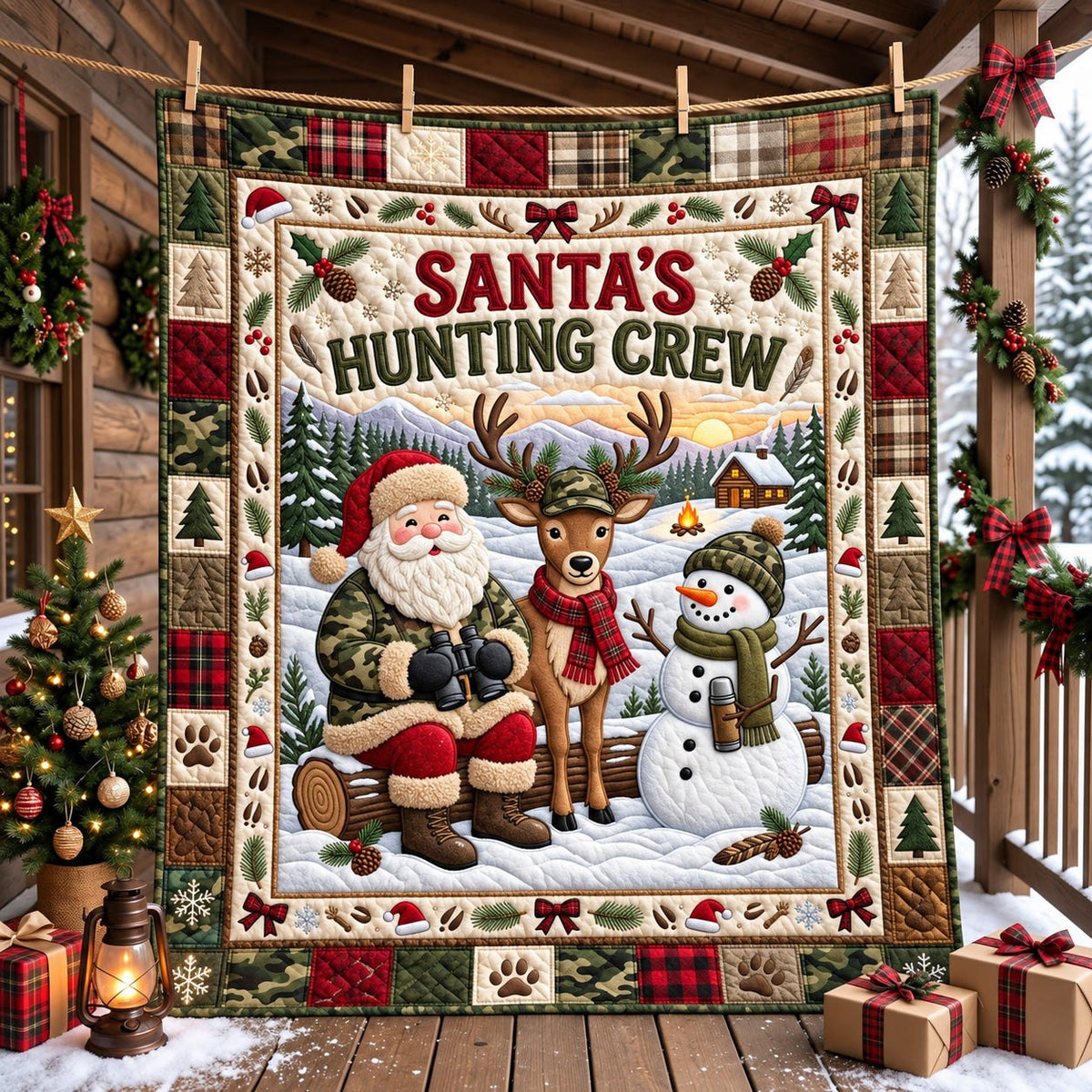 Santa Hunting Crew Quilted Blanket printed blanket