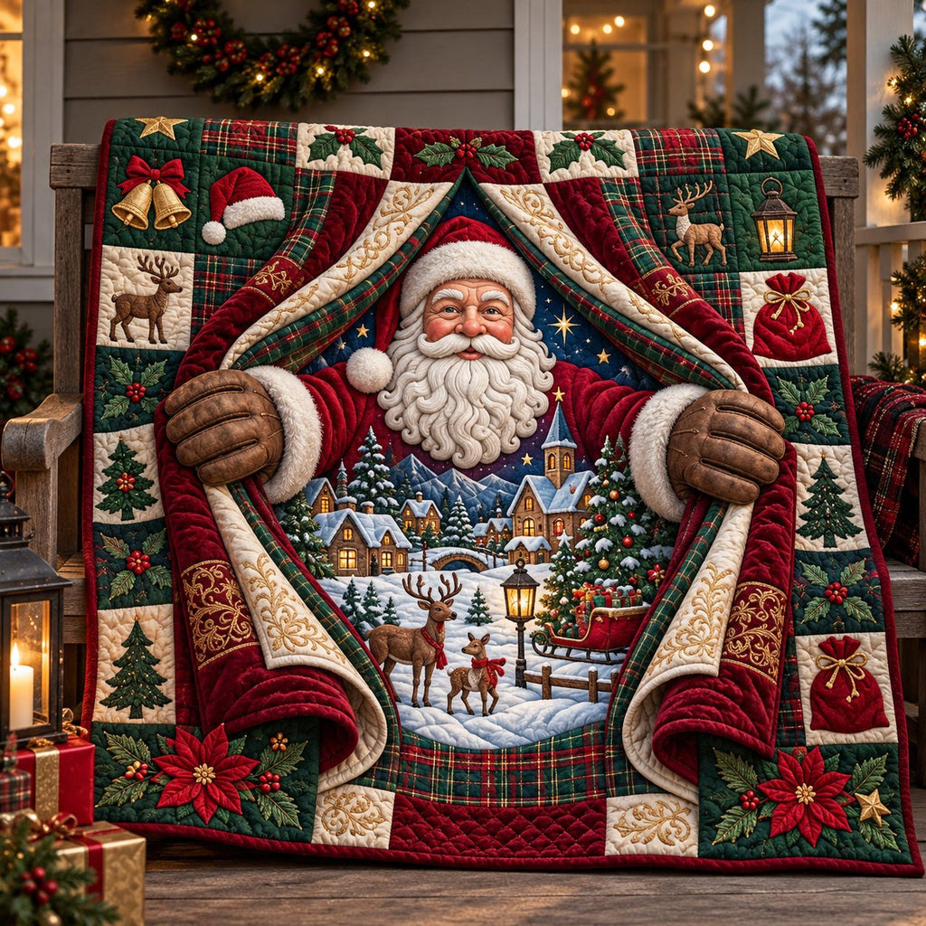 Santa Peeking Through Village printed blanket